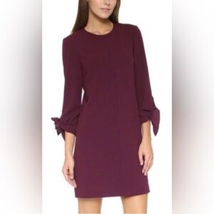 Tibi Structured Crepe Deep Burgundy Crewneck Tie Bow 3/4" Sleeve Shift Dress 0